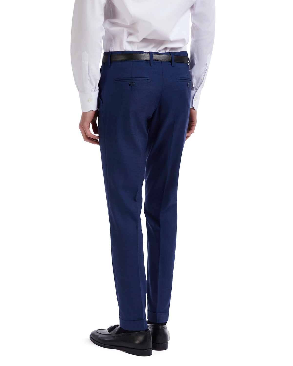 Men's slim-fit navy blue dress pants in lightweight fabric, featuring a smooth finish and two back pockets.