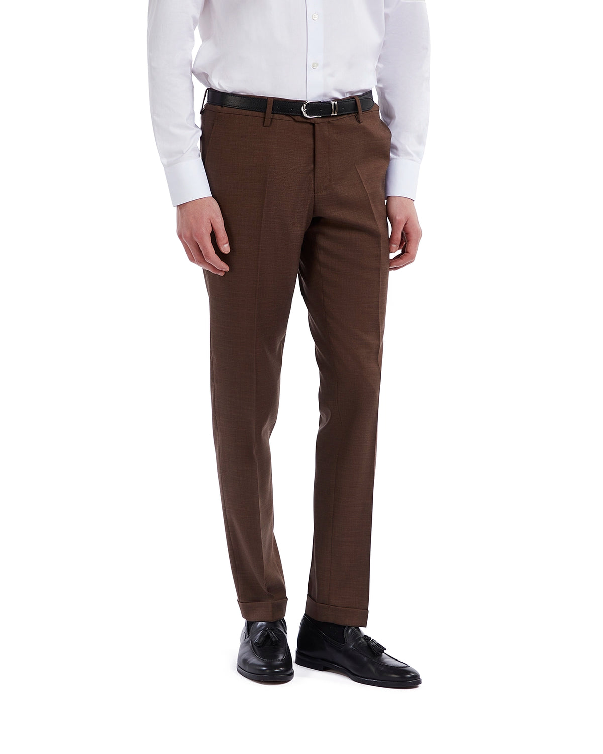 Men's brown wool dress pants with a slim fit, paired with a white shirt and black belt. Ideal for formal occasions.