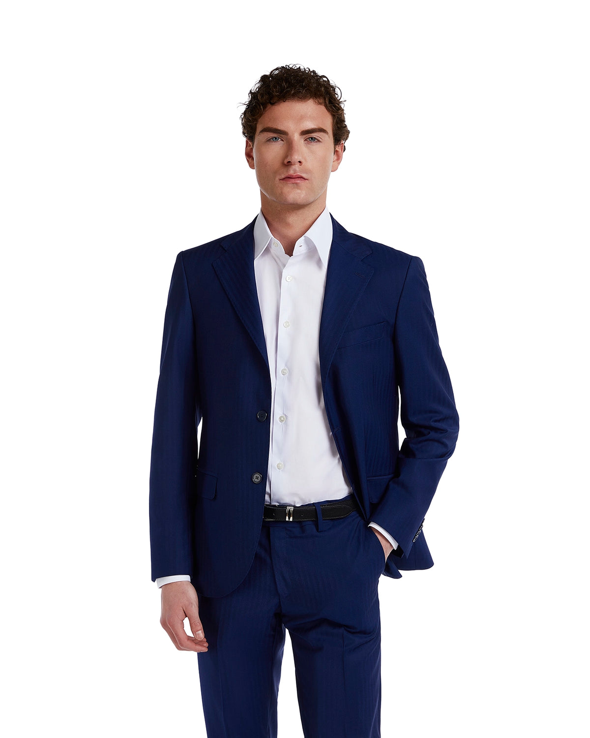 Navy blue tailored suit with a notch lapel, paired with a crisp white button-up shirt. Formal men's attire.