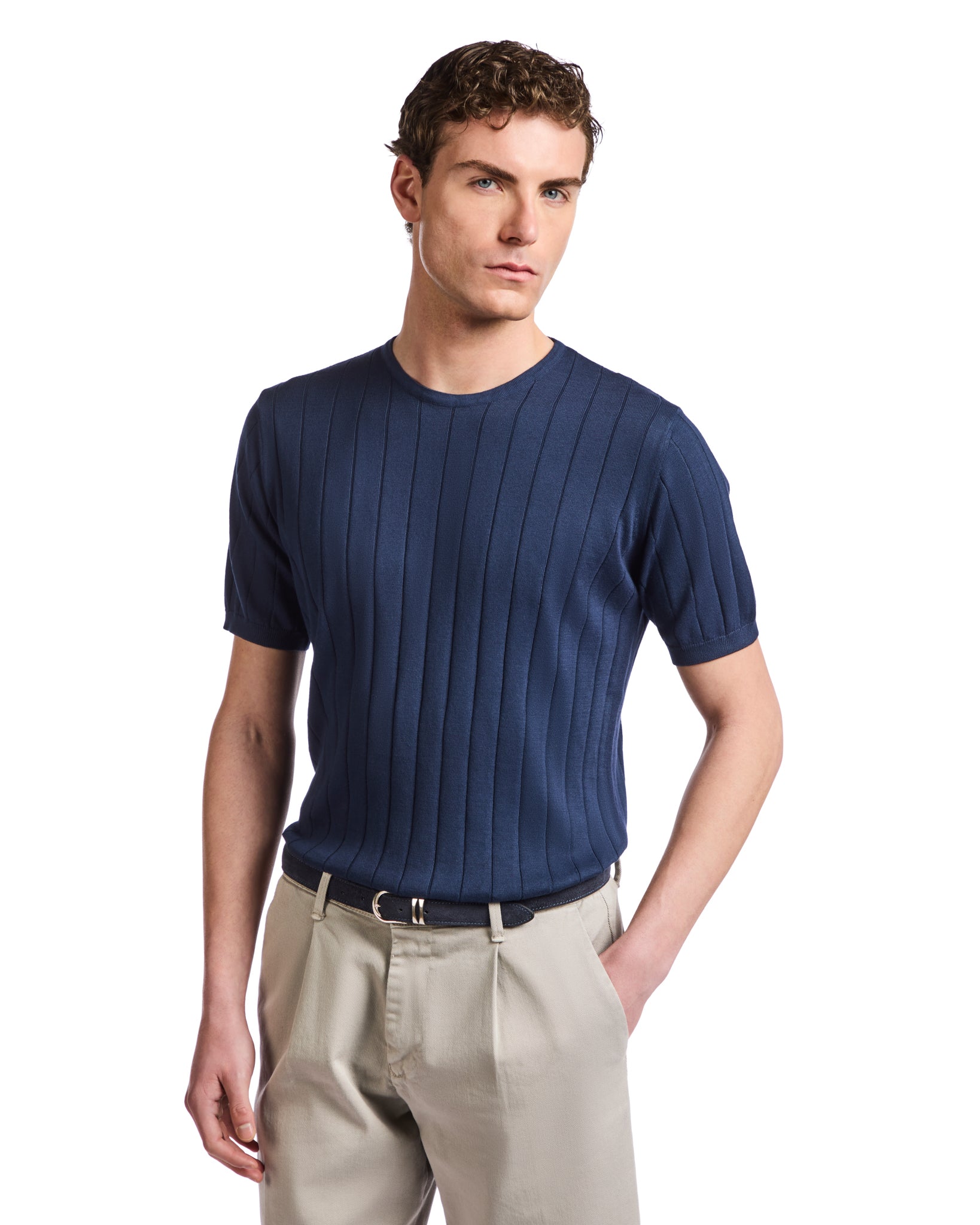 T-shirt Adriano a coste in maglia blu
