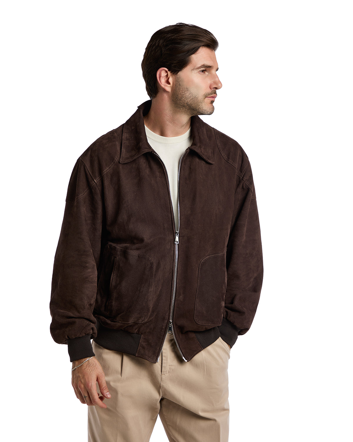 Bomber collo camicia con zip scamosciato testa di moro