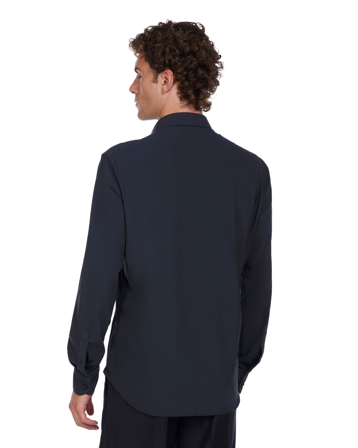 Men's navy long-sleeve dress shirt, tailored fit, smooth fabric, perfect for formal occasions.