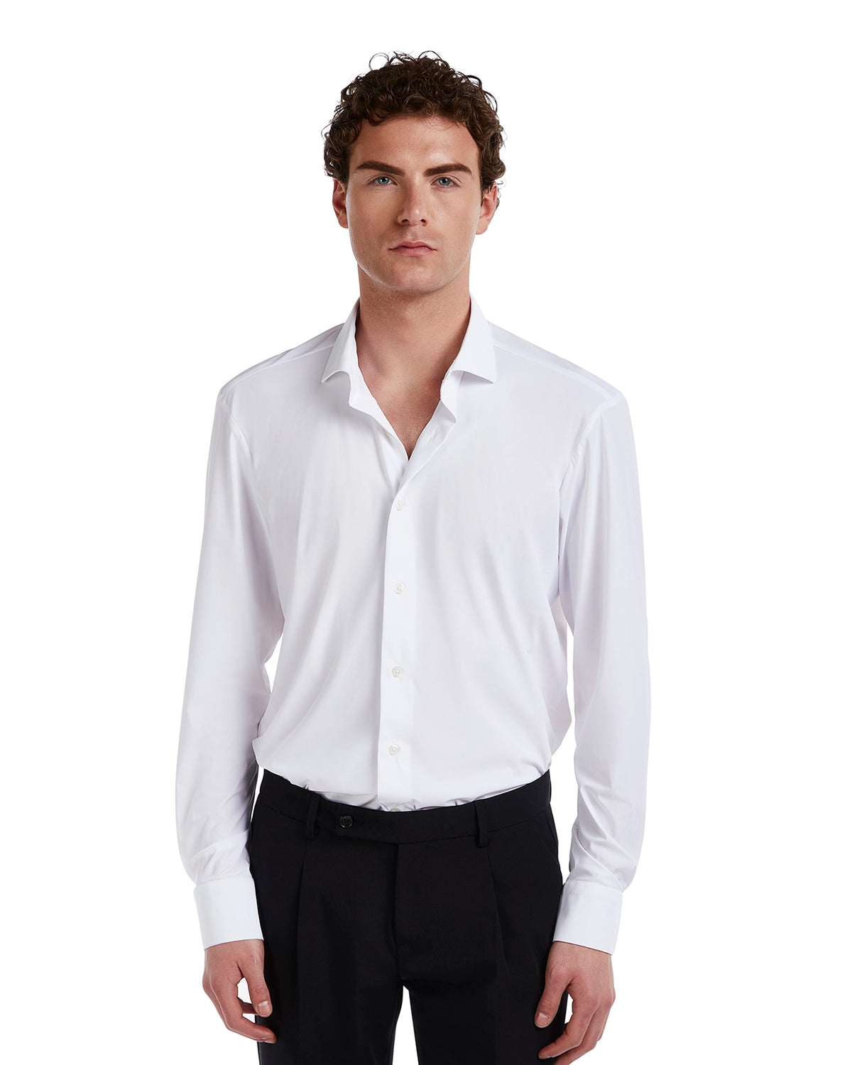 Men's white slim-fit dress shirt in lightweight cotton with a classic collar and long sleeves. Perfect for formal occasions.
