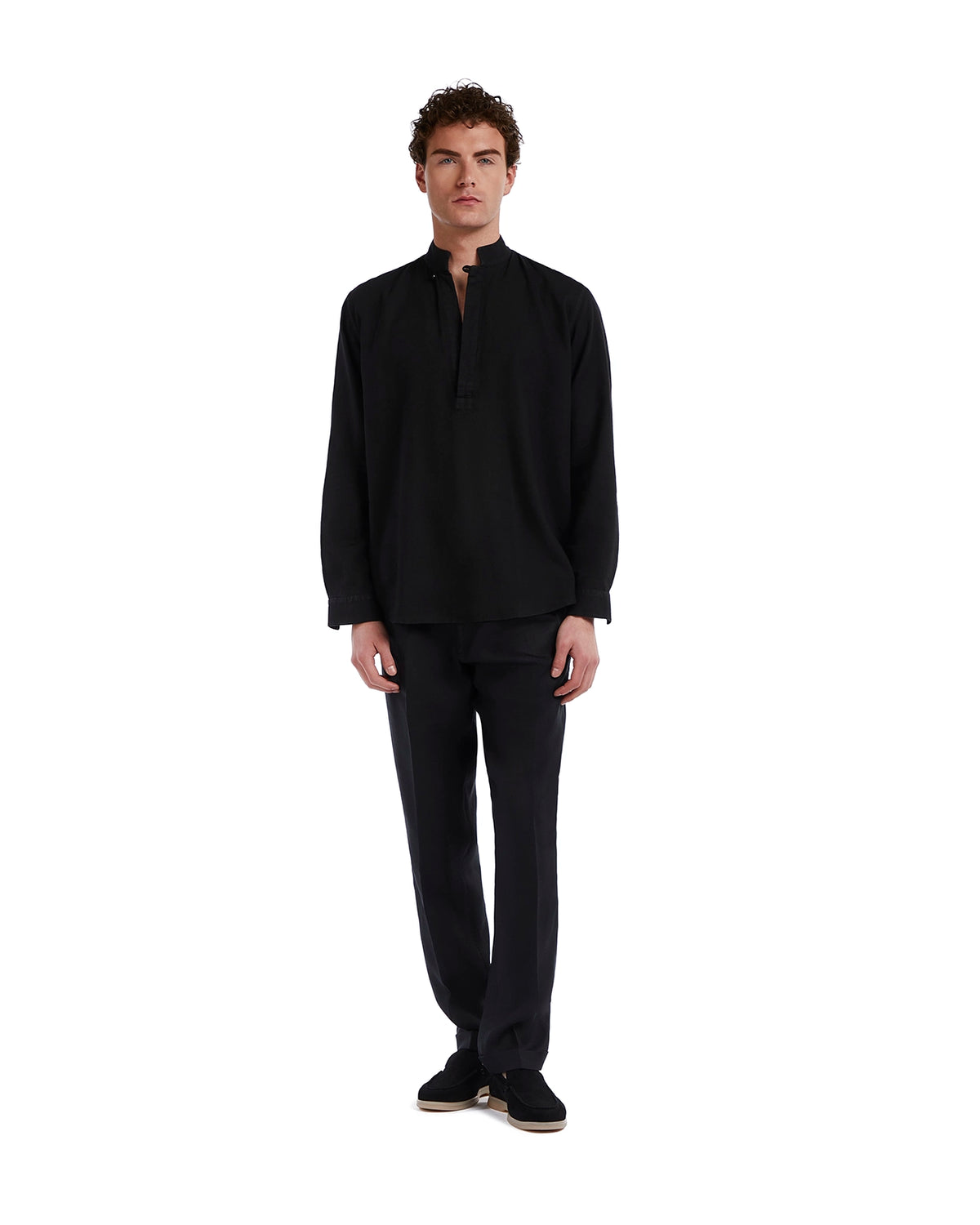 Men's black linen pullover shirt with a Mandarin collar, paired with matching relaxed-fit trousers. Ideal for casual wear.