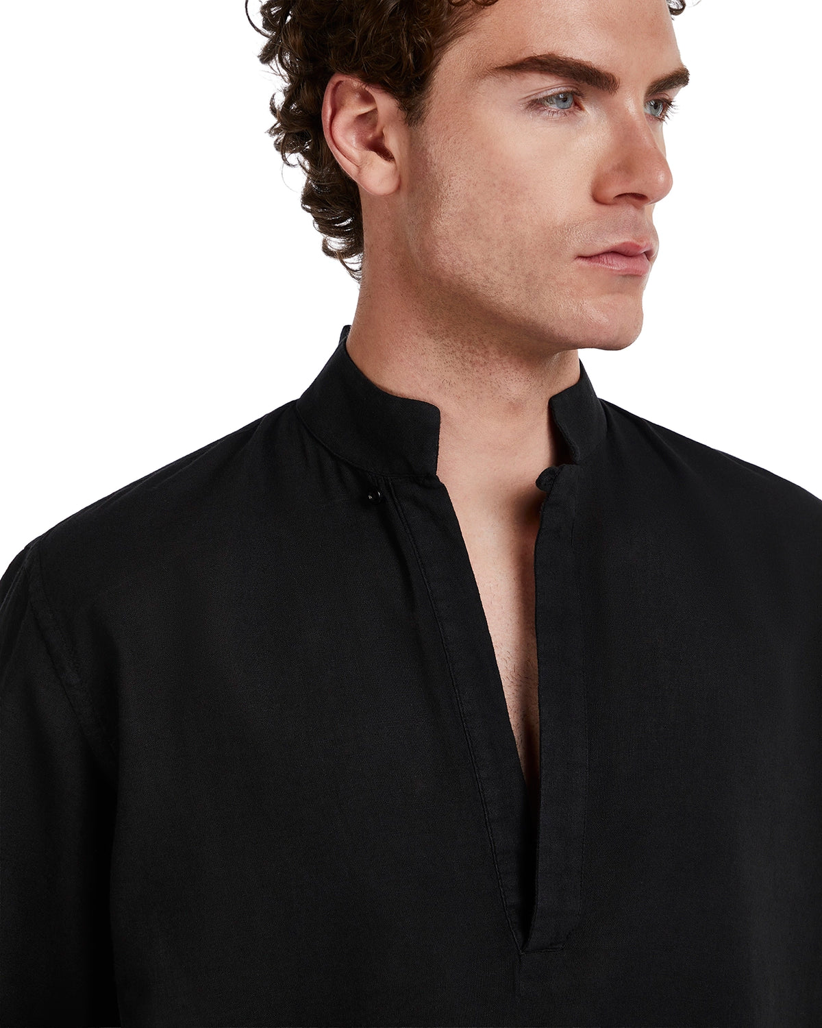 Black linen men's shirt with a mandarin collar and front placket, perfect for casual or semi-formal wear.