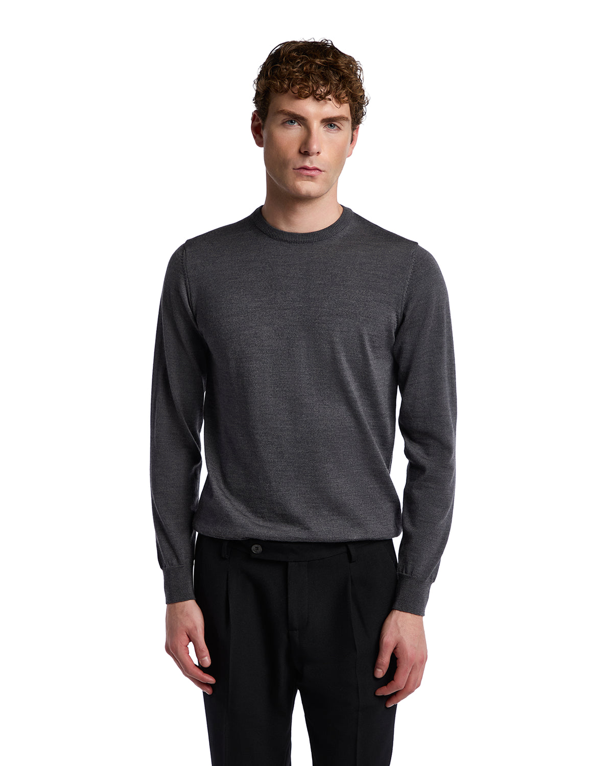 Men's long-sleeve gray knit sweater in soft material, featuring a classic round neckline and fitted cuffs.