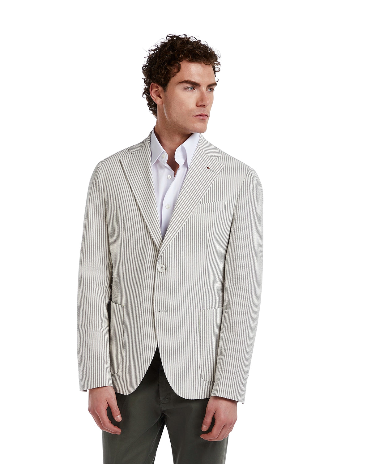 Men's striped blazer in cream and navy, tailored fit, lightweight cotton blend, perfect for smart-casual occasions.