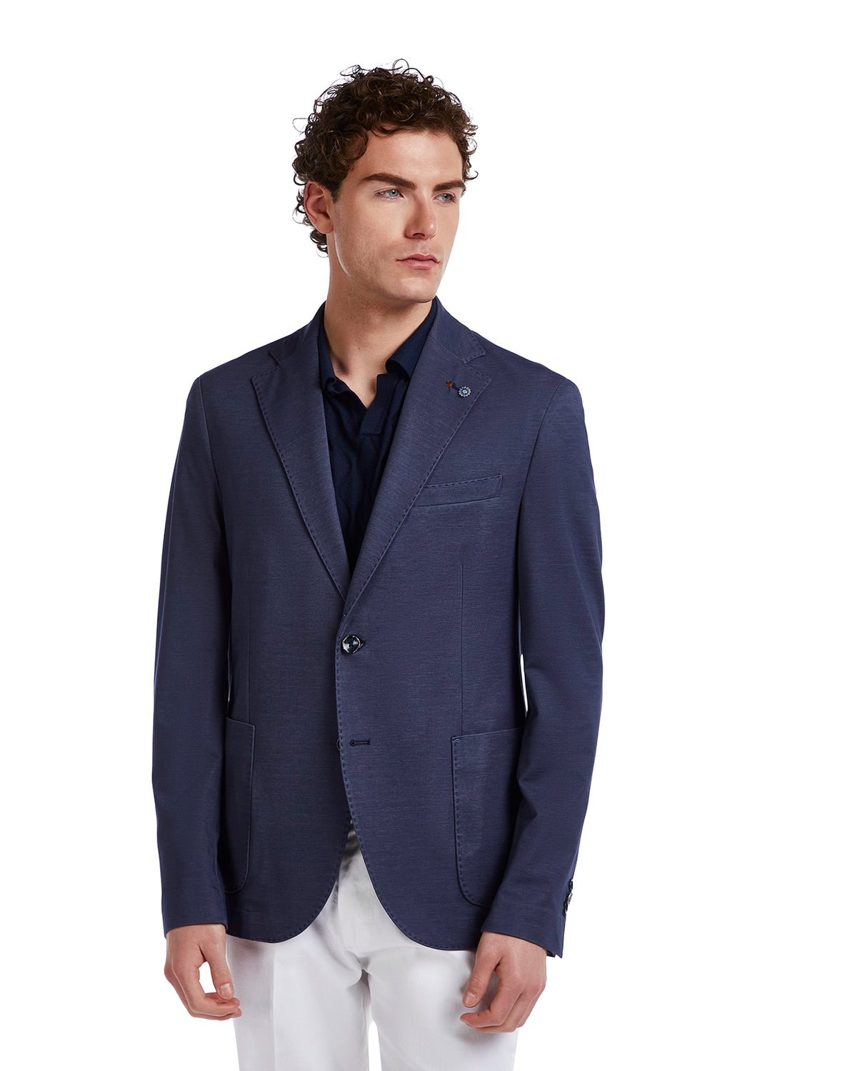 Men's navy blue blazer, tailored fit, lightweight fabric, featuring two front pockets and a modern lapel style.