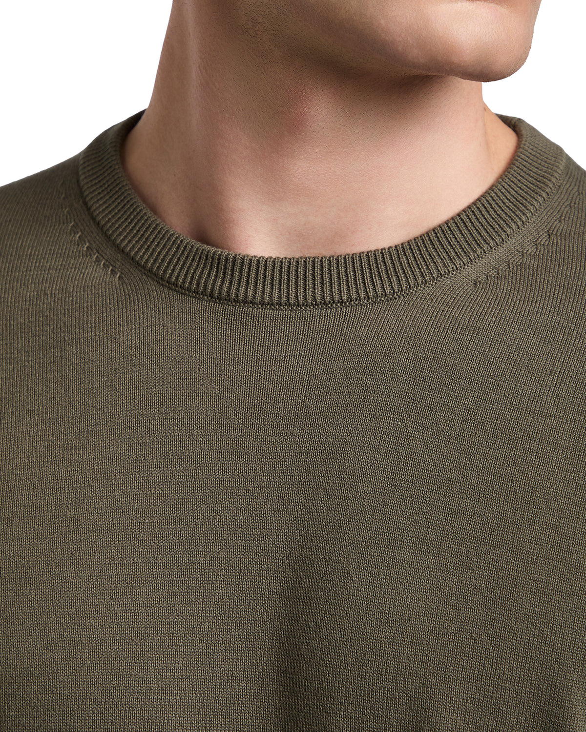 Olive green knitted crewneck sweater made from soft cotton blend for a casual, stylish look.