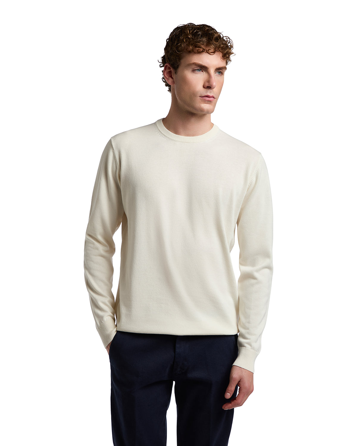 Men's cream knit sweater, lightweight cotton blend, classic crew neck style, perfect for casual layering.