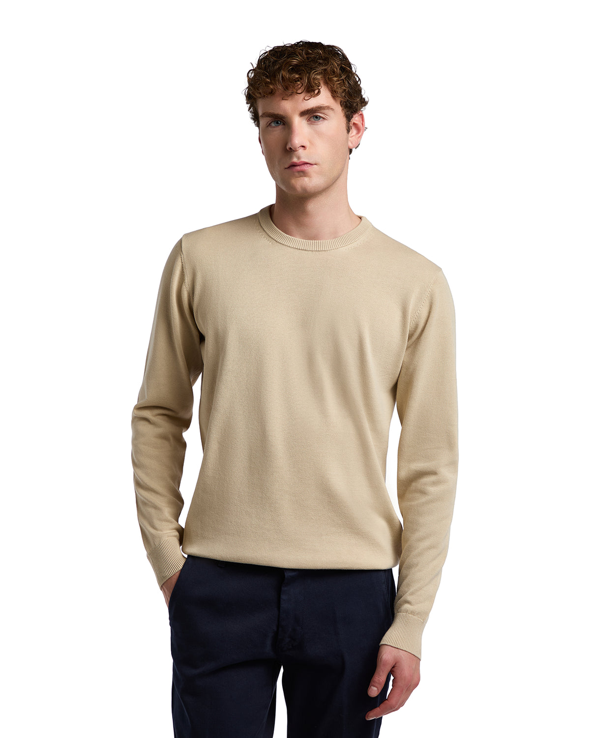 Men's beige cotton long-sleeve sweater, casual crew neck, perfect for layering or everyday wear.