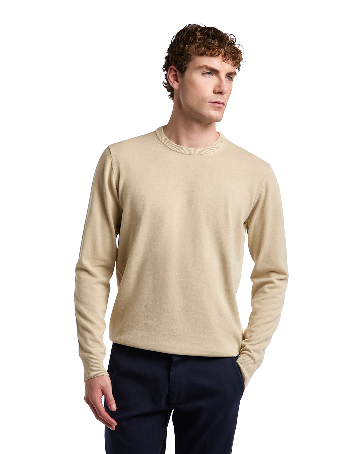 Men's beige cotton crewneck sweater, soft knit, casual style, perfect for layering or standalone wear.