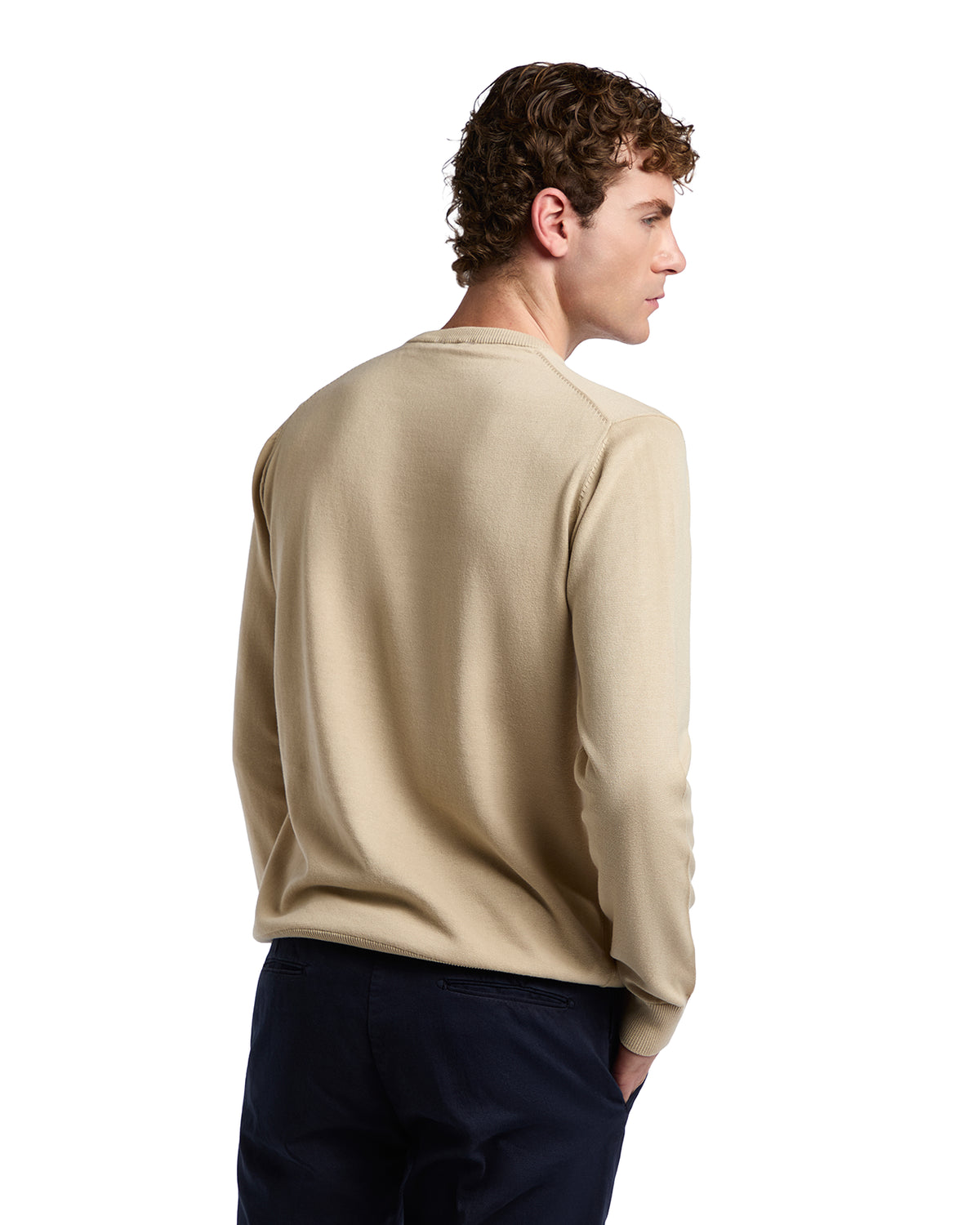 Beige long-sleeve cotton sweater for men, featuring a classic fit and stylish crew neckline from the back view.