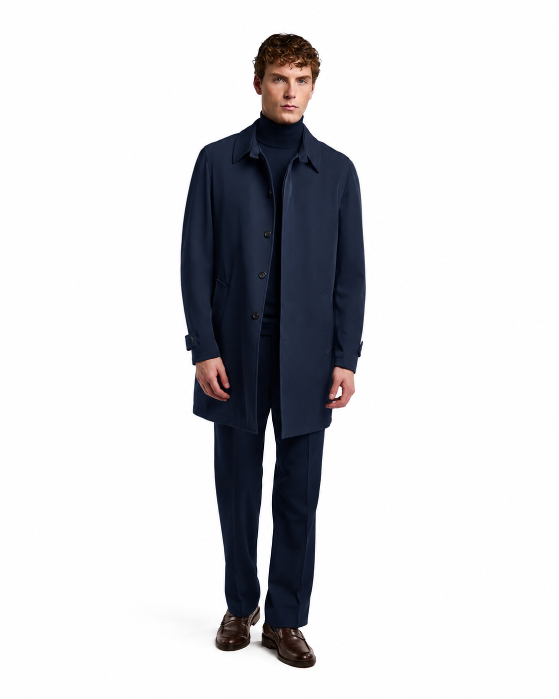 Navy blue waterproof trench coat in sleek design, styled with matching trousers and turtleneck for a modern look.