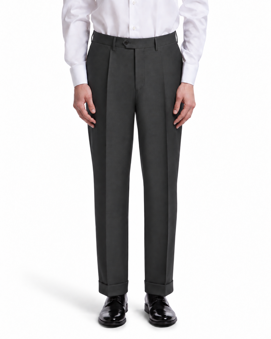 Men's gray pleated dress pants in lightweight fabric, tailored fit, perfect for formal occasions.