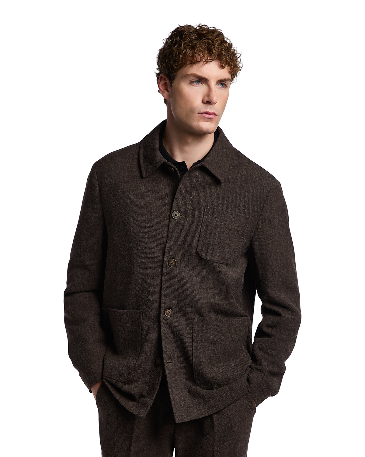 Men's brown wool blend utility jacket with button closure and front pockets, perfect for layering in cooler weather.