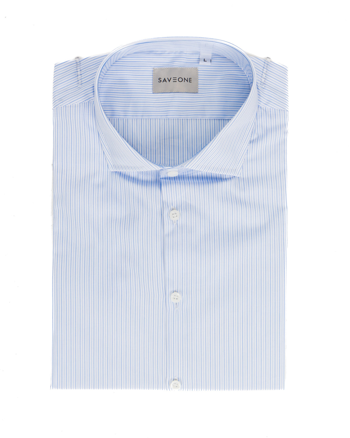 Light blue and white striped cotton dress shirt with classic collar, SAVEONE brand, button-down front, size L.