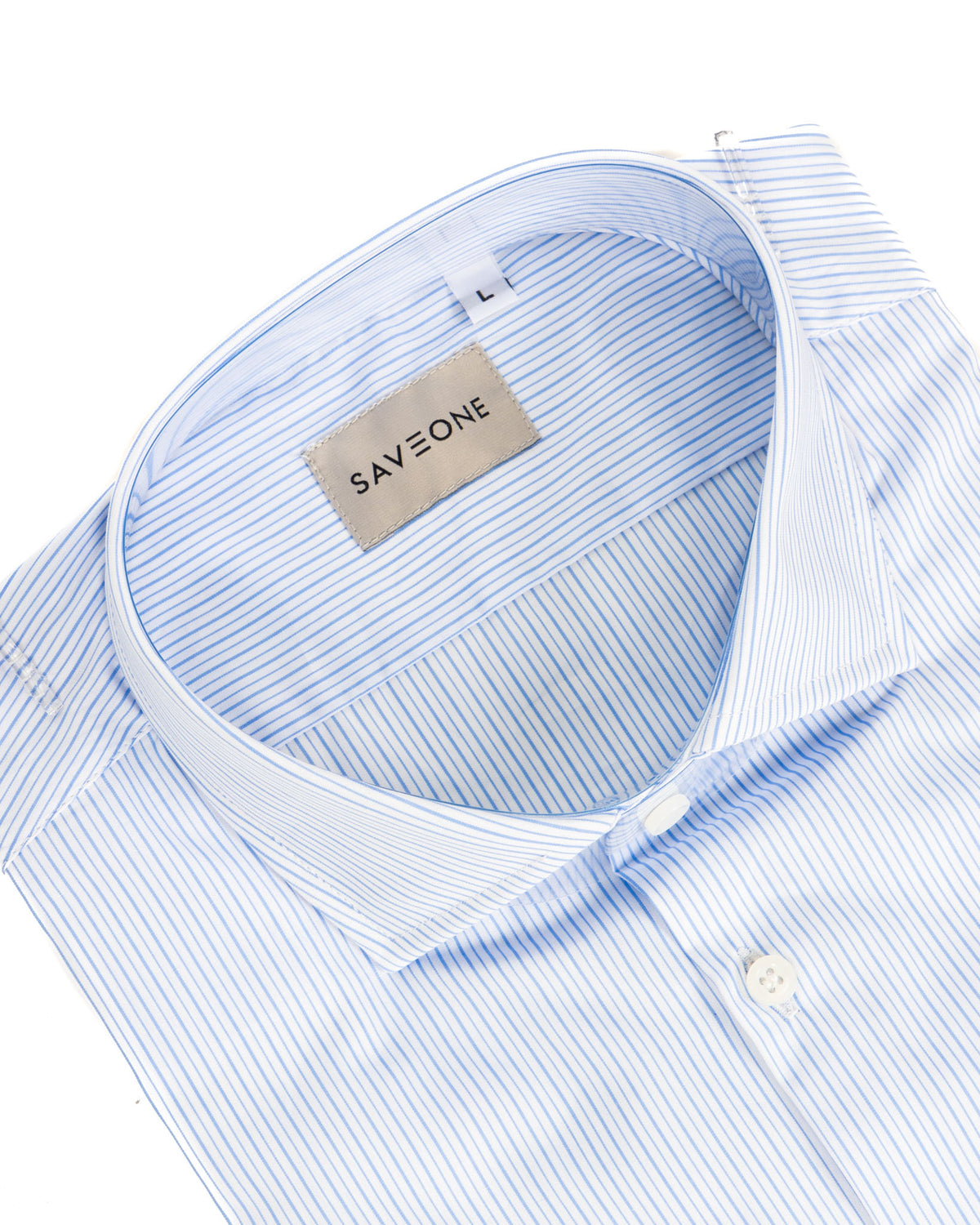 SAVEONE blue and white striped cotton dress shirt with button-down collar, size L. Classic formal men's shirt.