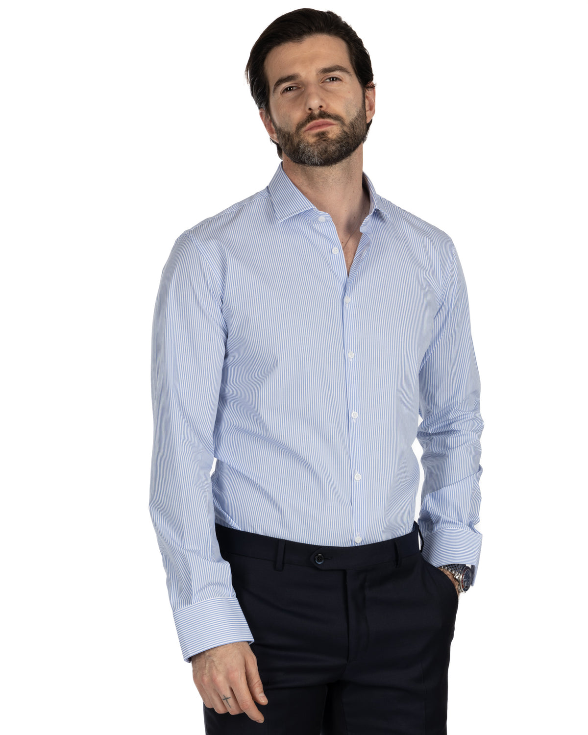 Men's light blue striped cotton dress shirt with white buttons, long sleeves, and spread collar.