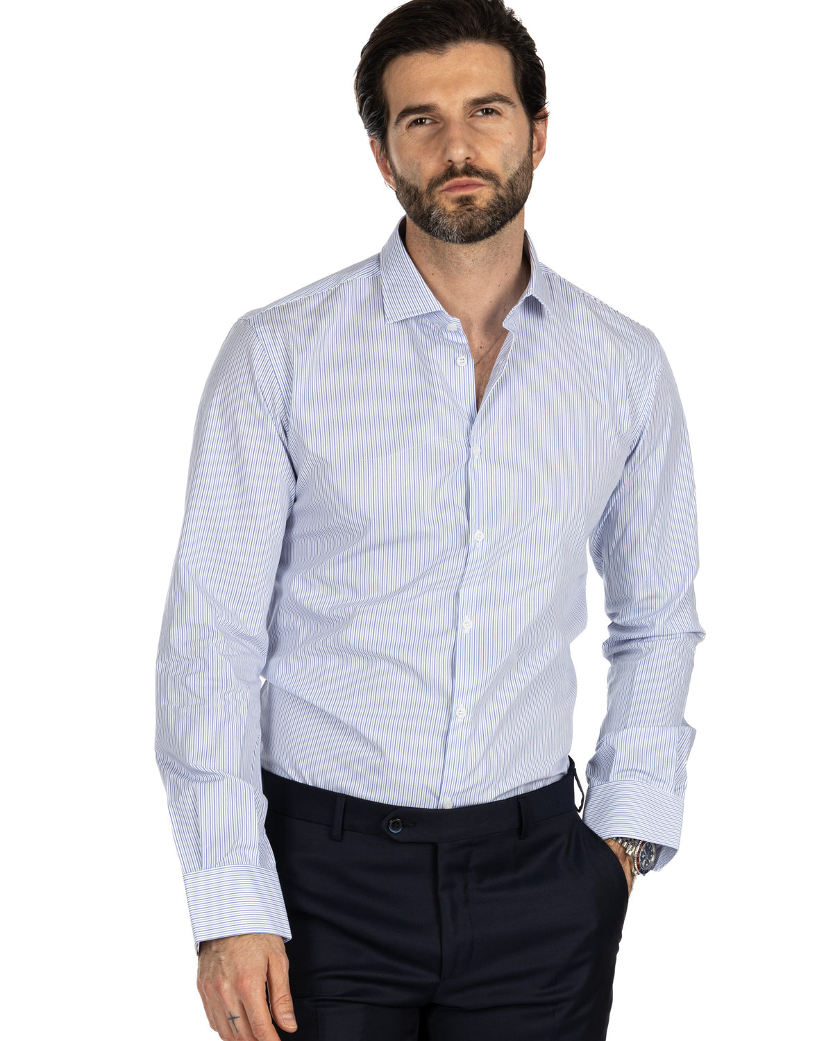 Men's light blue striped cotton dress shirt with spread collar, long sleeves, and button-down front.