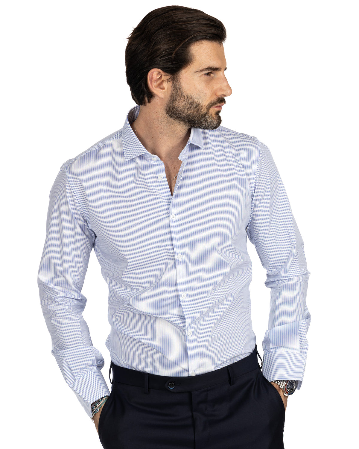 Men's light blue striped cotton dress shirt with spread collar, long sleeves, and button front. Slim fit business casual.