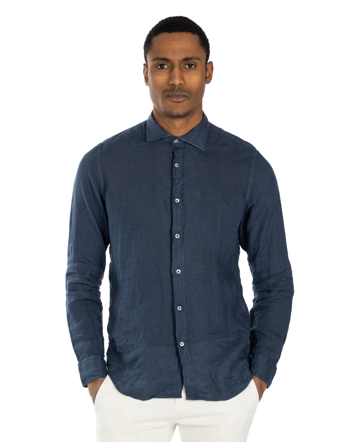 Navy blue linen long-sleeve button-down shirt for men, casual relaxed fit with spread collar
