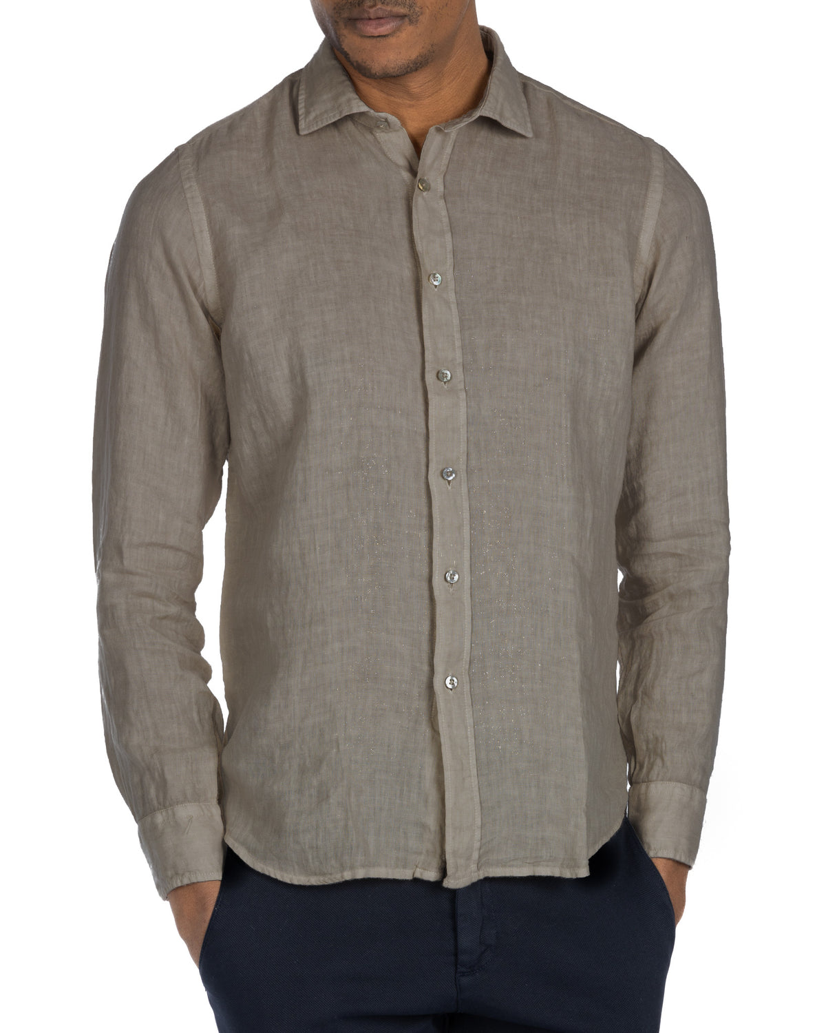 Men's light gray linen long sleeve button-down shirt with spread collar and relaxed fit