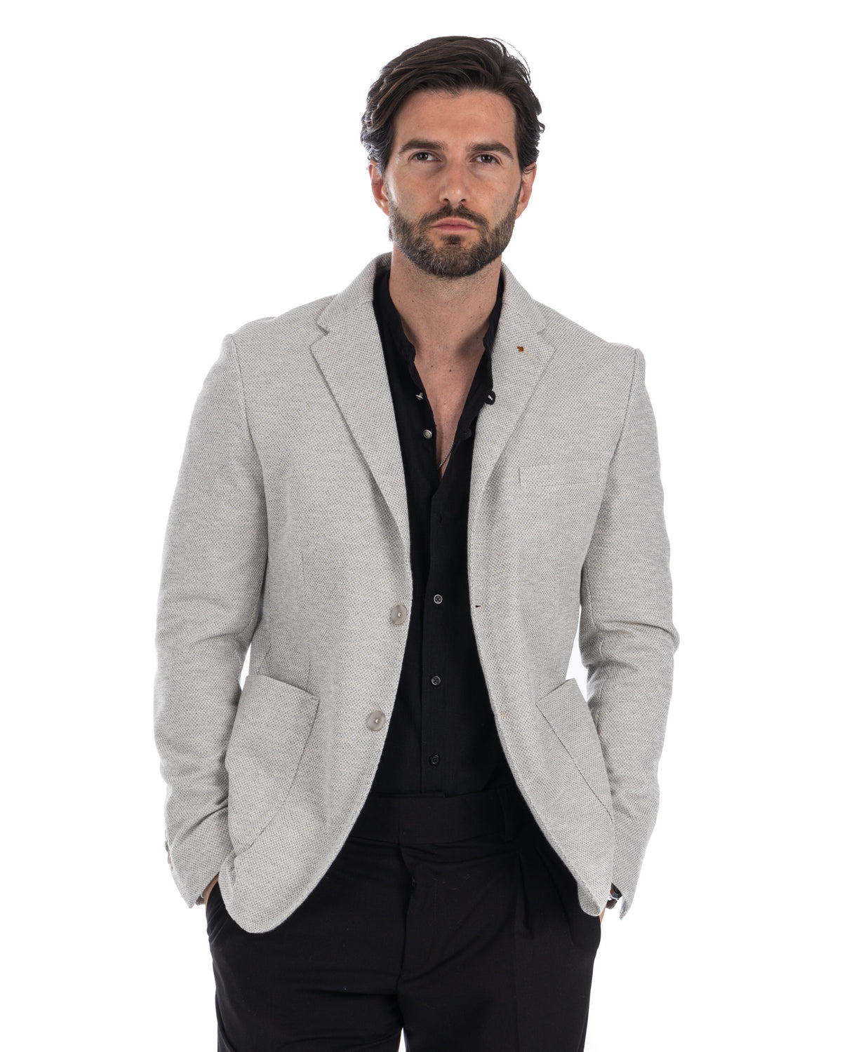 Light gray textured wool blazer with black shirt, men's smart casual jacket, two-button style