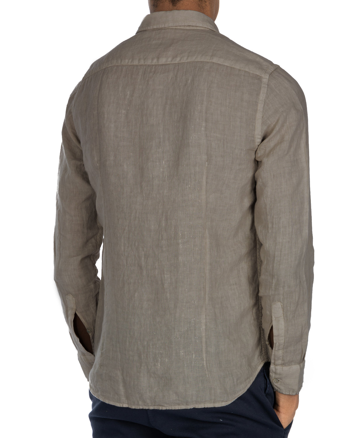 Men's light gray linen long sleeve button-up shirt, relaxed fit, back view.