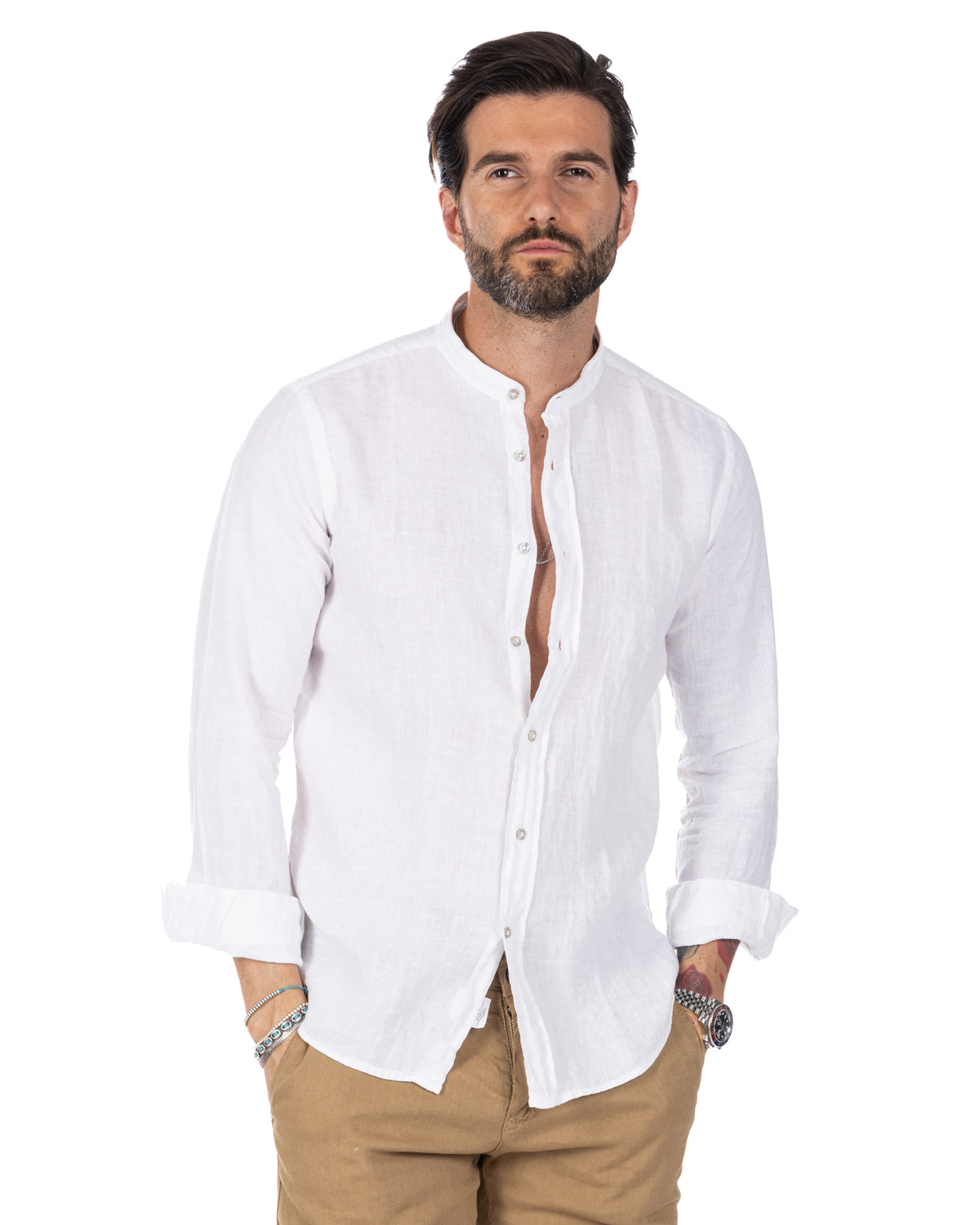 White linen long sleeve men's shirt with mandarin collar, button front, and rolled cuffs. Casual summer style.