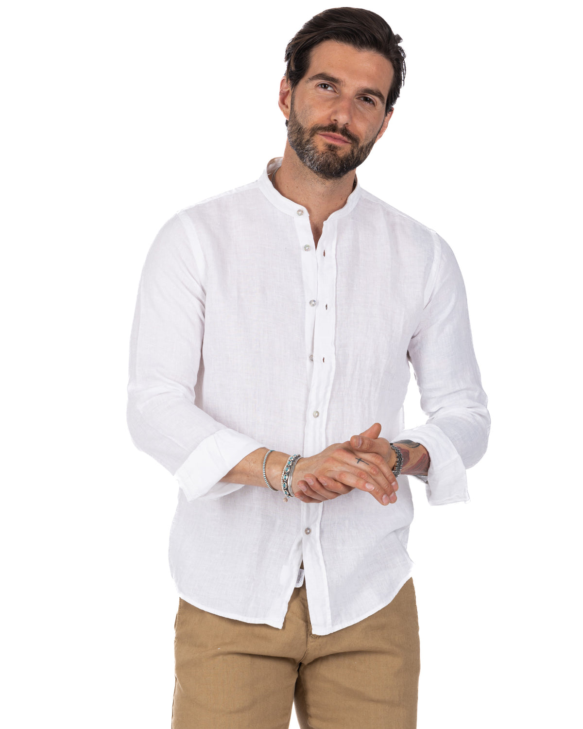 White linen long sleeve men's shirt with mandarin collar, button front, and relaxed fit.