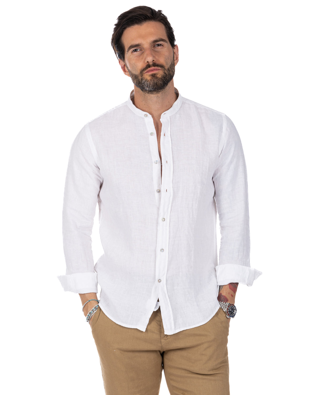 White linen long-sleeve button-up shirt for men, mandarin collar, casual slim fit, lightweight breathable fabric.