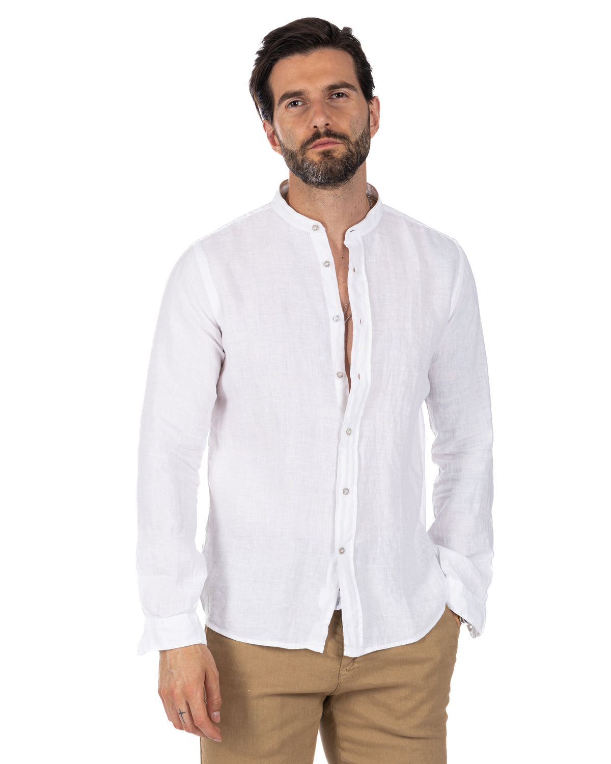 White linen long-sleeve shirt for men, mandarin collar button-down, lightweight casual summer top