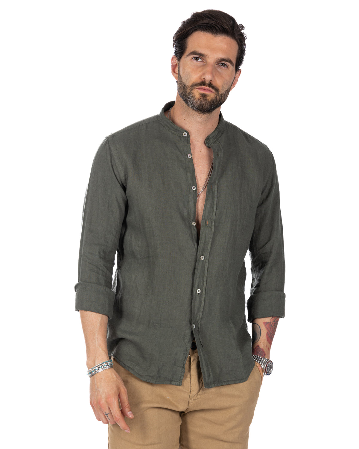 Olive green linen band collar shirt for men, long sleeve button-up, casual relaxed fit style