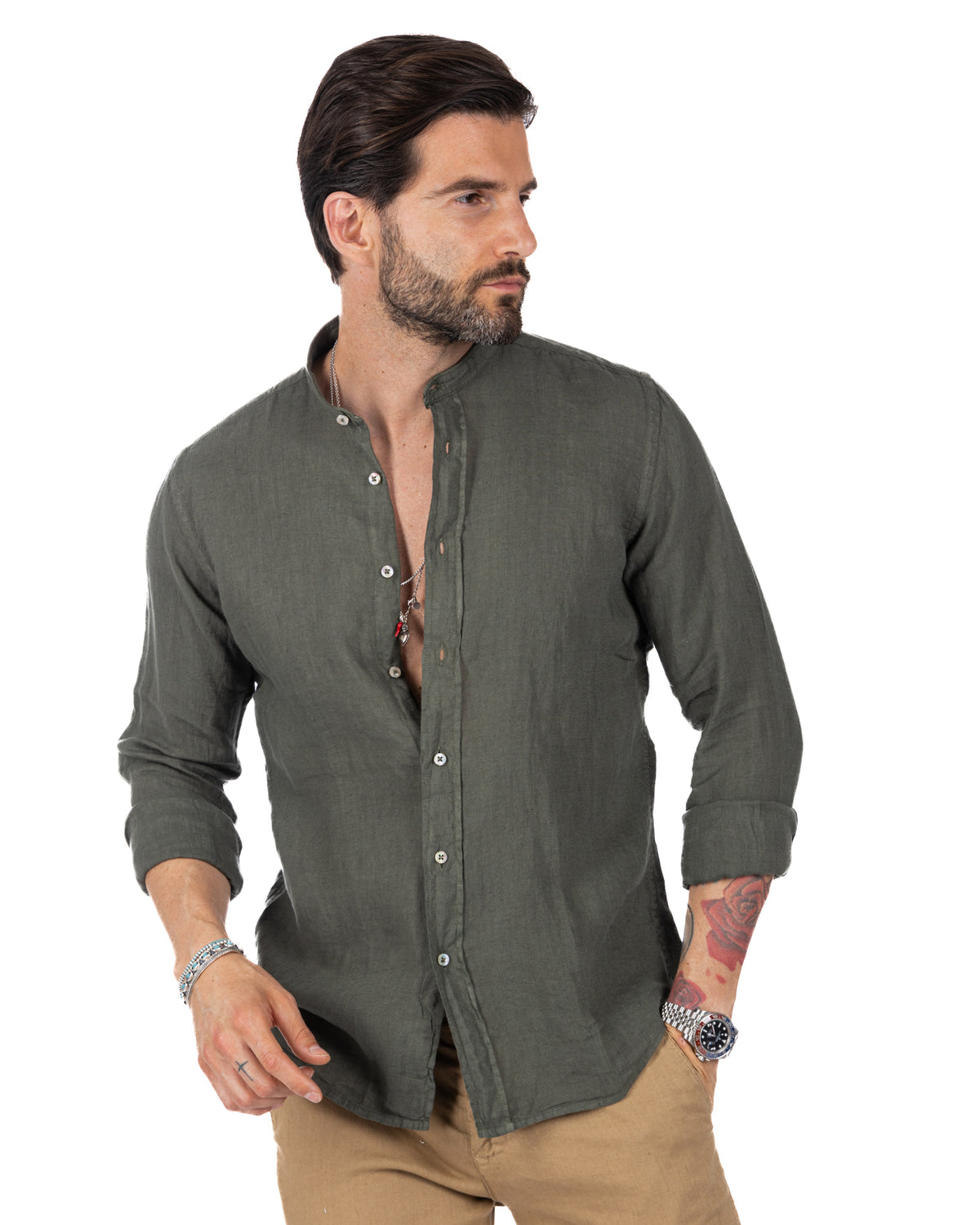 Olive green linen button-down shirt for men, long sleeve casual style, relaxed fit, natural fabric texture.