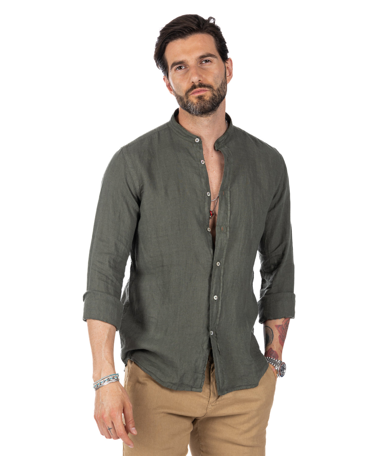Olive green linen mandarin collar shirt for men, long sleeve button-up, casual relaxed fit style