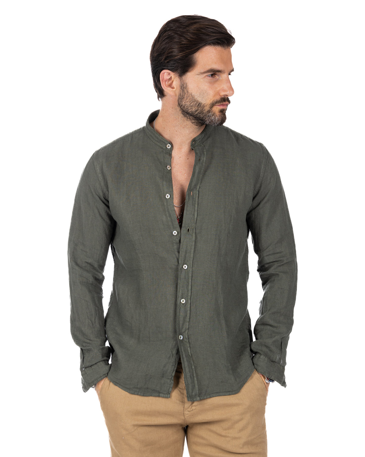 Men's olive green linen long-sleeve button-up shirt with mandarin collar, casual slim fit style