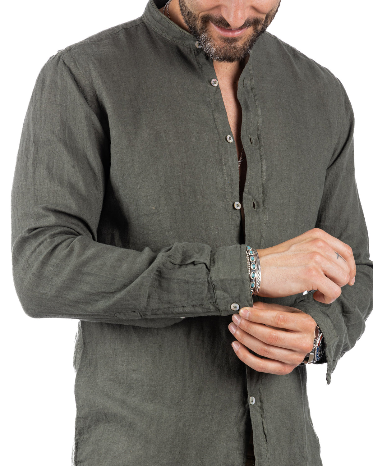 Olive green linen button-up shirt with mandarin collar, long sleeves, and relaxed fit for men.