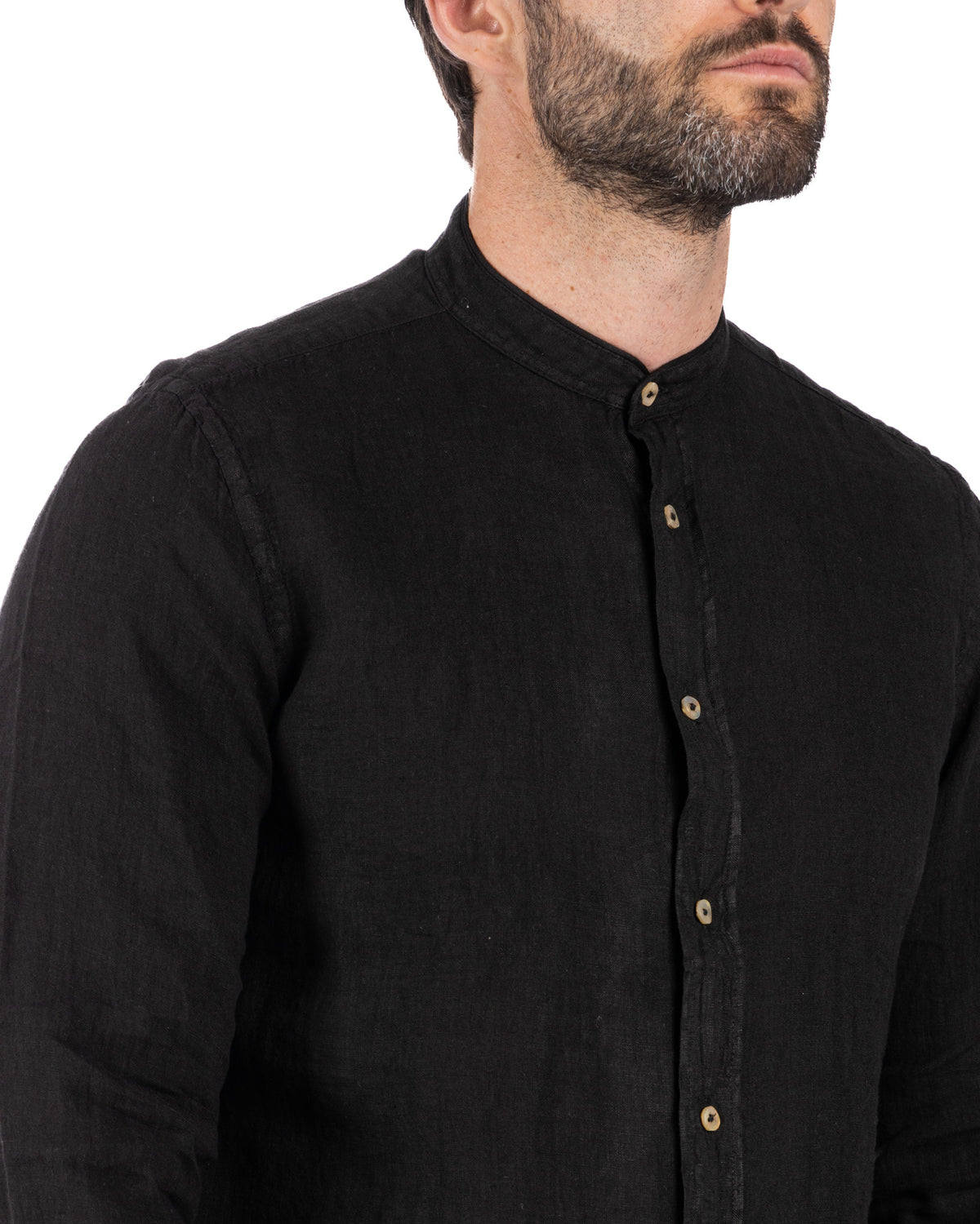 Black linen band collar shirt with horn buttons, relaxed fit long sleeve men's top