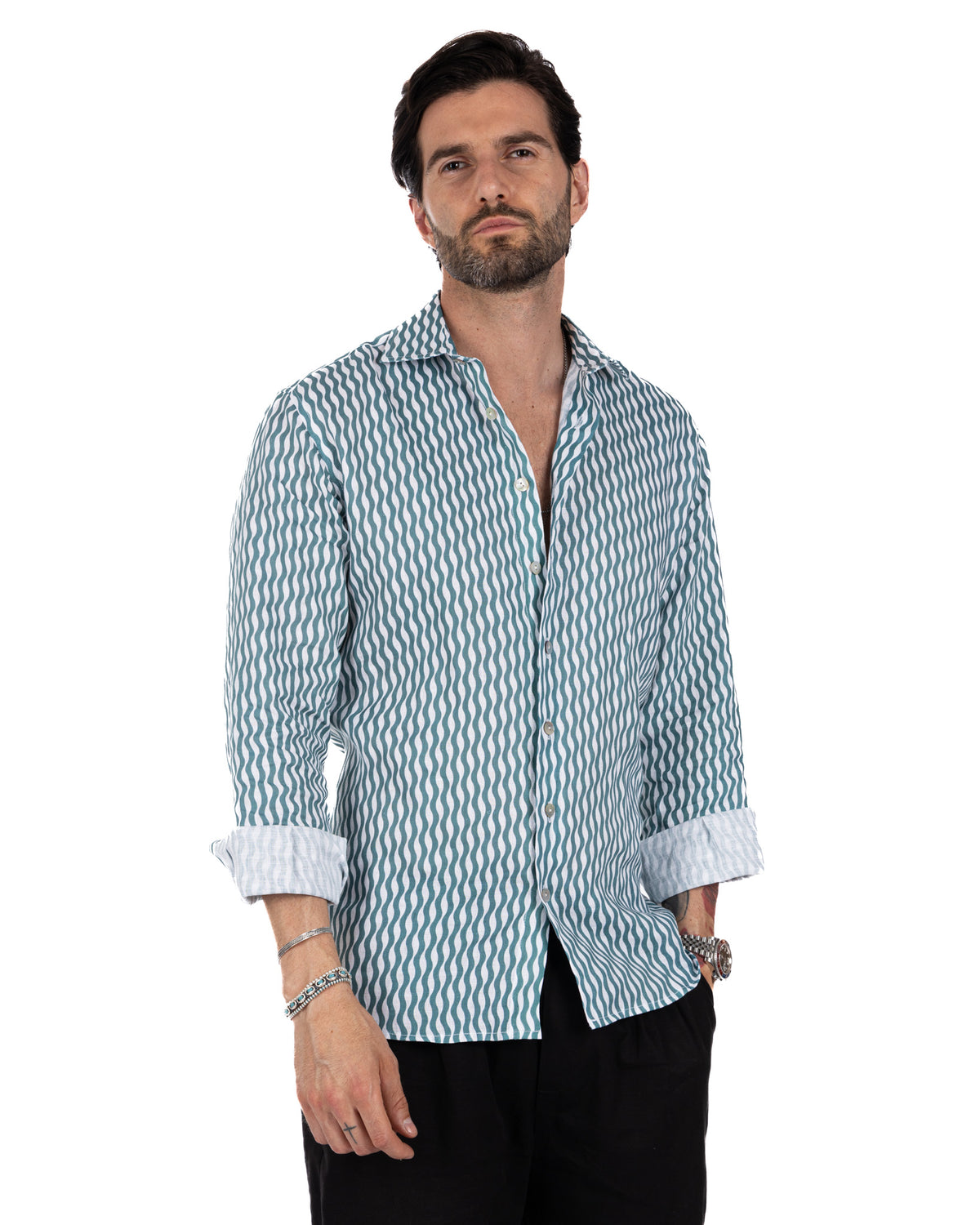 Men's teal and white wavy striped linen button-down shirt with rolled sleeves and relaxed fit