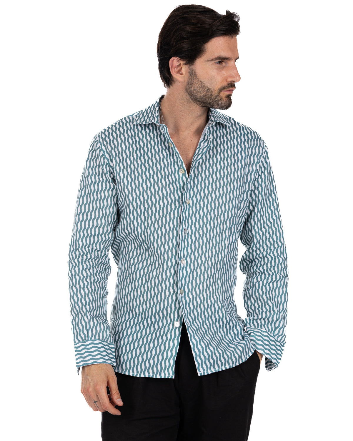 Men's teal and white wavy striped linen button-down shirt, long sleeve, slim fit casual style