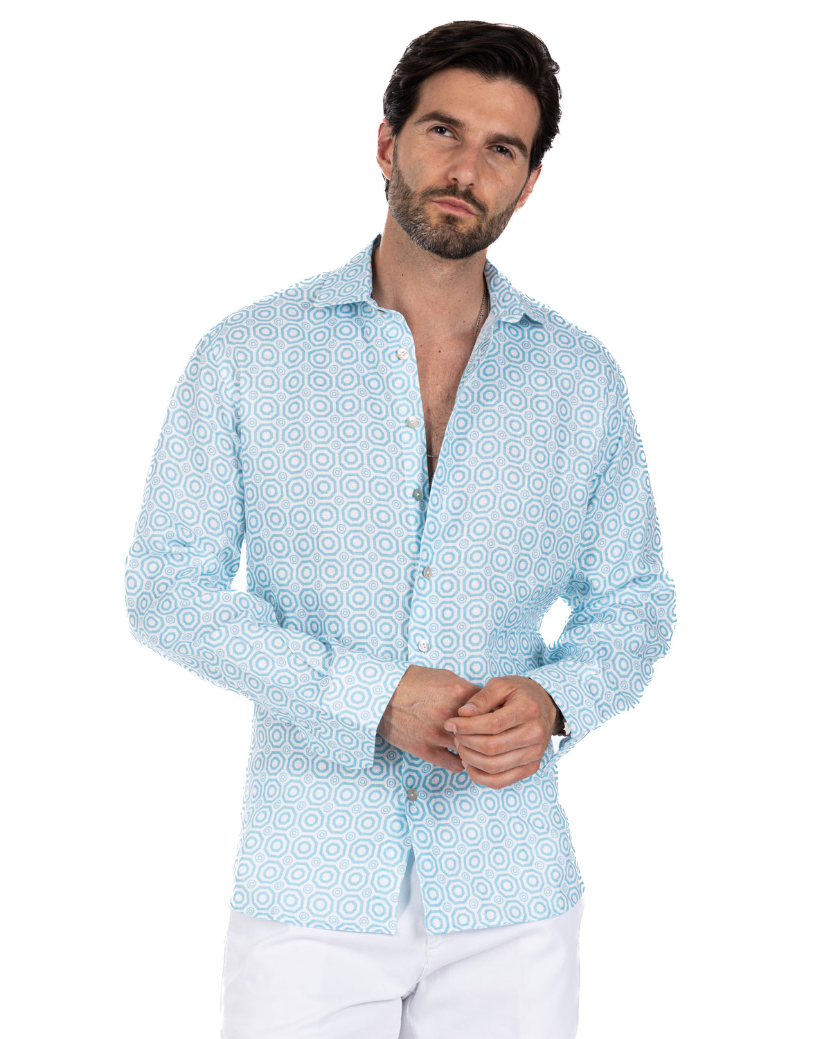 Men's light blue geometric print linen button-down shirt, long sleeve, casual summer style