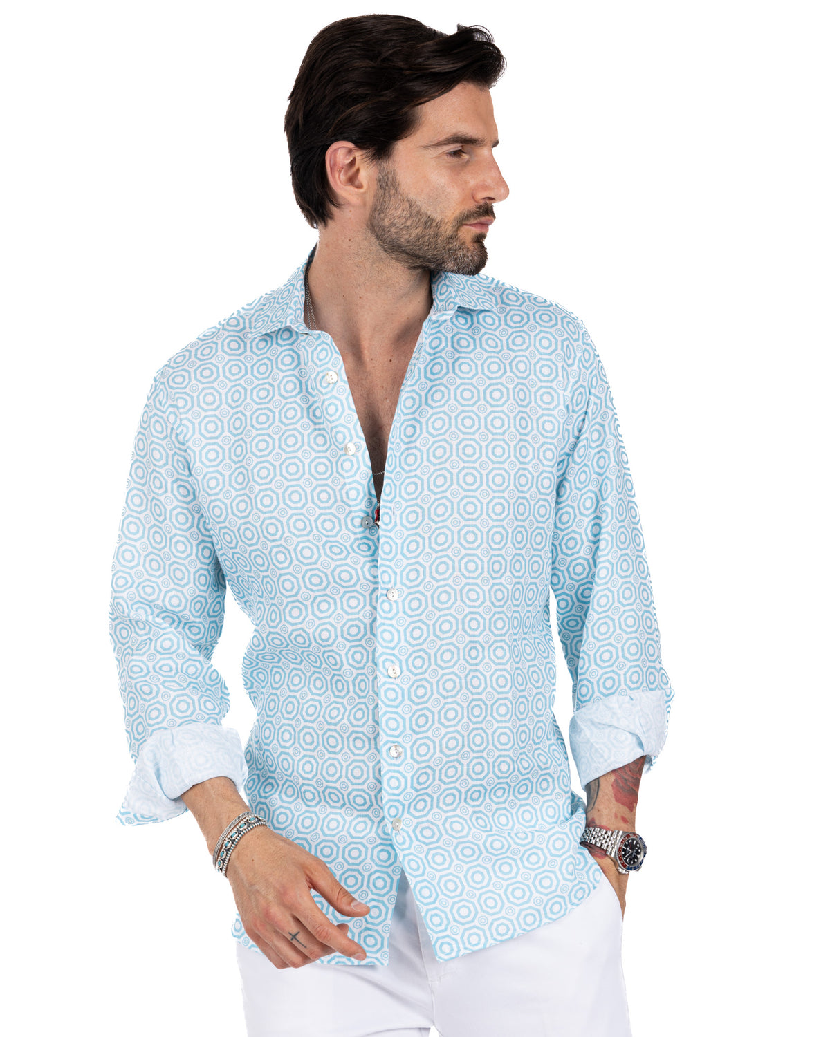 Light blue geometric print linen button-down shirt, long sleeve, relaxed fit.