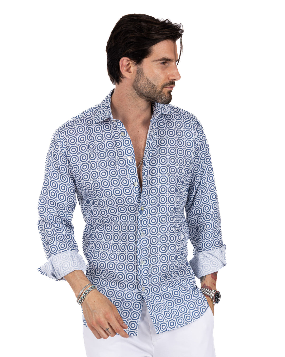Men's blue and white geometric hexagon print linen button-down shirt, long sleeve, slim fit casual style