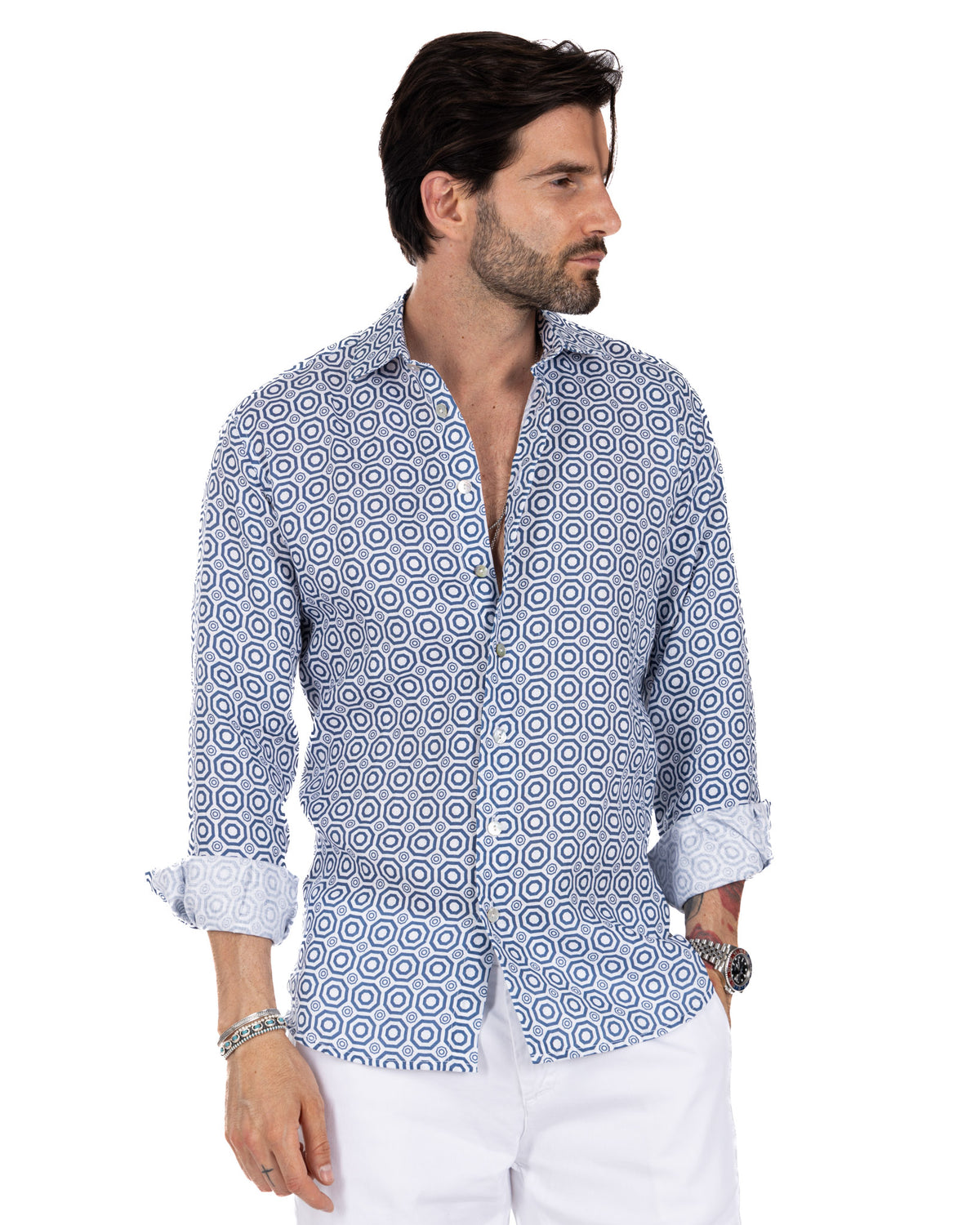 Men's blue geometric hexagon print cotton button-down shirt with white trim, long sleeves, and relaxed fit.
