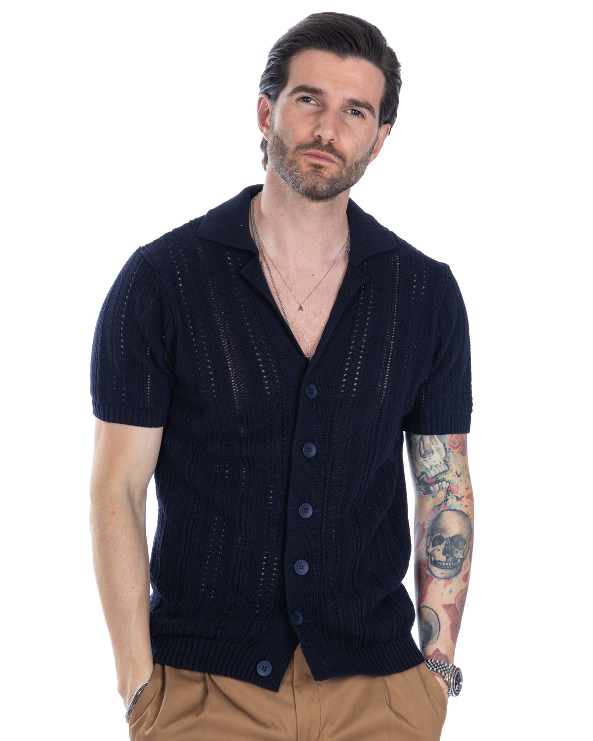 Navy blue short sleeve knit cardigan with cable pattern, button front, and openwork details. Men's summer sweater.