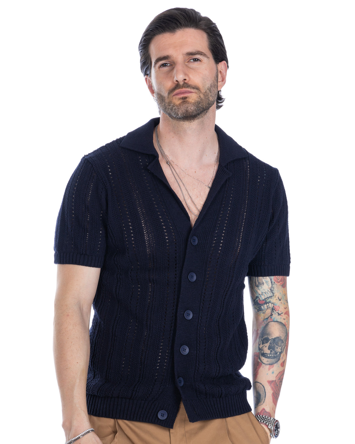 Navy blue short sleeve knit cardigan for men, cable knit pattern with button front and polo collar.