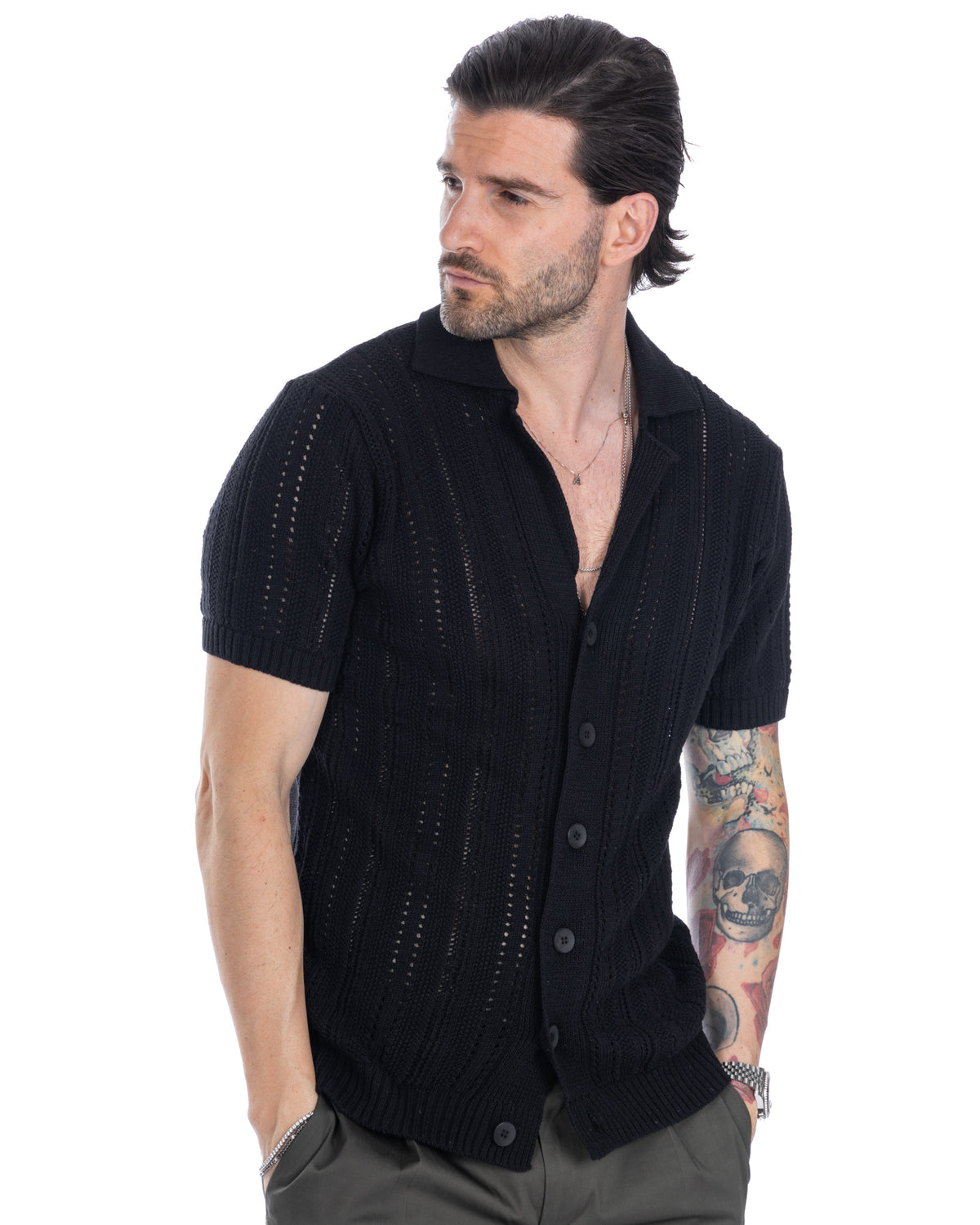 Black short sleeve cable knit cardigan for men, button-front, openwork detail, cotton blend, casual summer style.