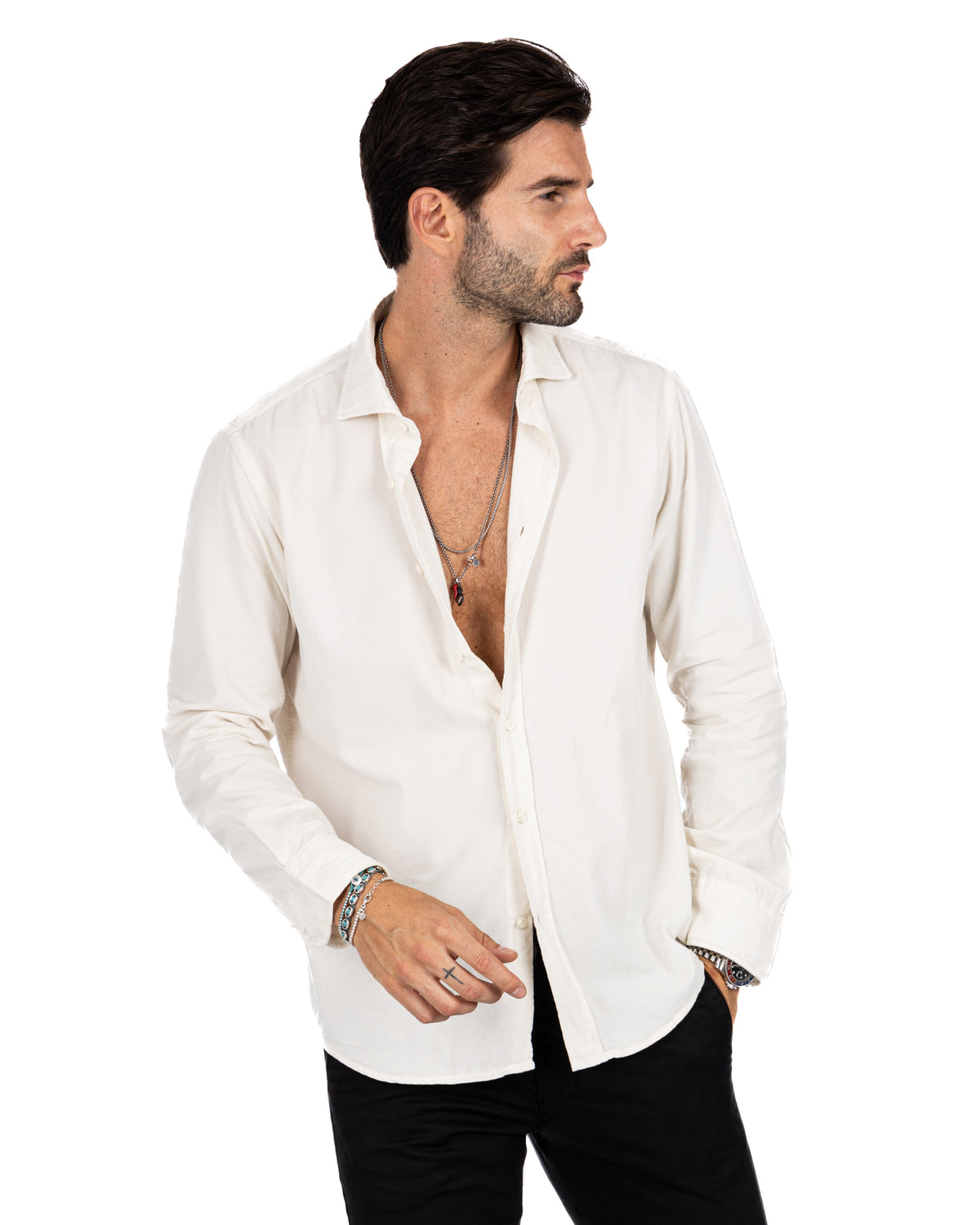 Men's white linen button-down shirt, long sleeve, relaxed fit, casual style.