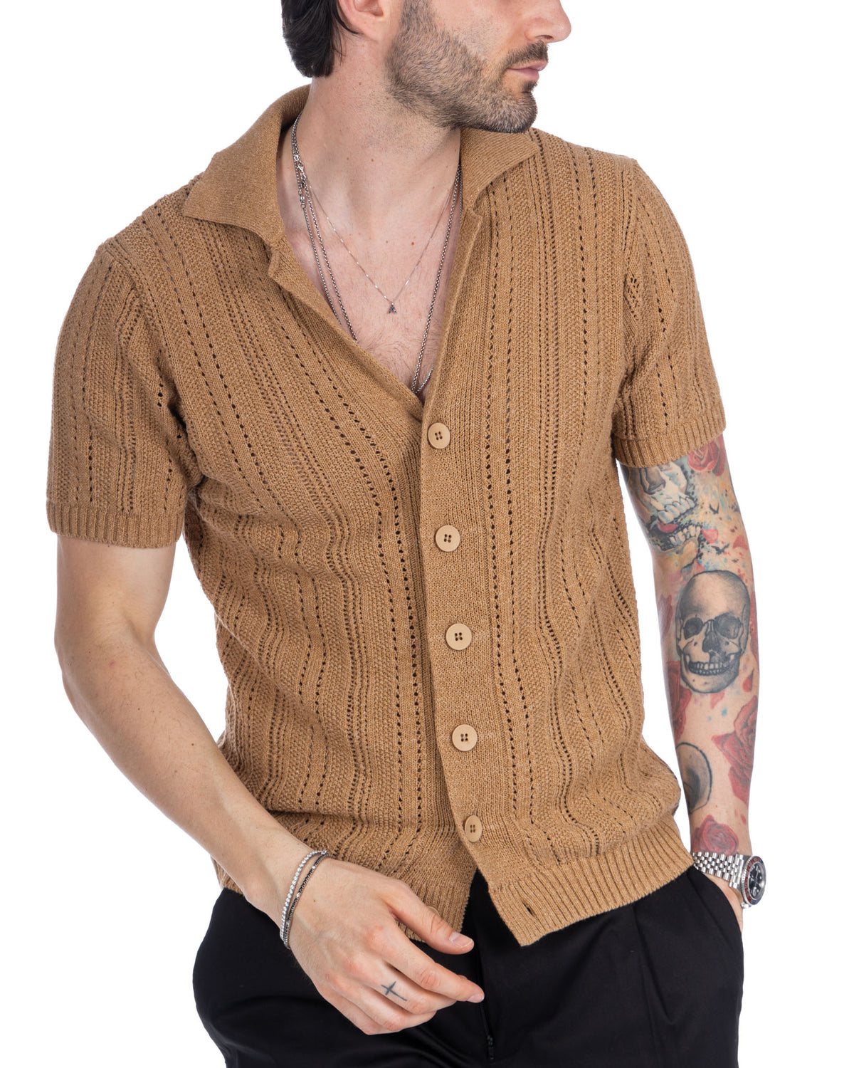 Men's tan short sleeve knit cardigan with point collar, wooden buttons, and cable stitch pattern.